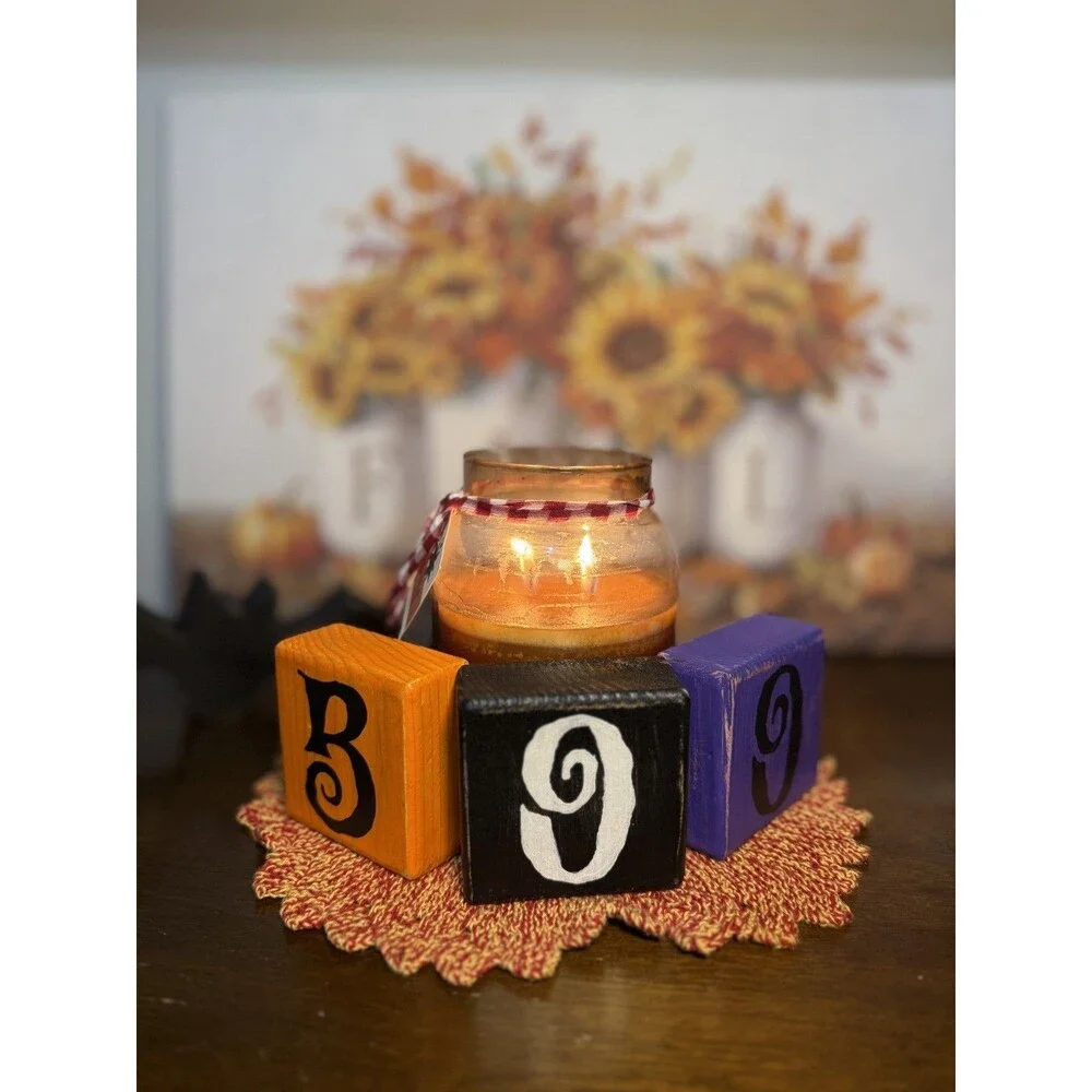 Halloween Decor BOO Wooden Block Handmade Set Primitive Farmhouse Tiered Rustic